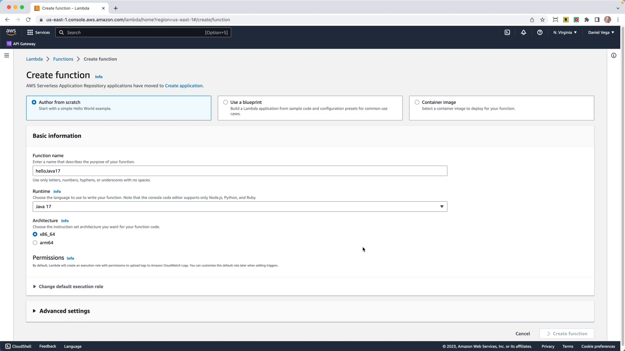 AWS Lambda Create Function